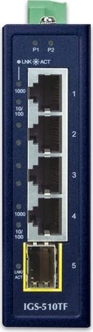 Planet IGS-510TF Industrial Railmount Gigabit Switch, 4x RJ-45, 1x SFP