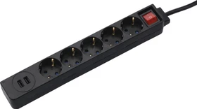 Hama Steckdosenleiste mit Schalter, 5-fach, 2x USB, 1.4m, schwarz