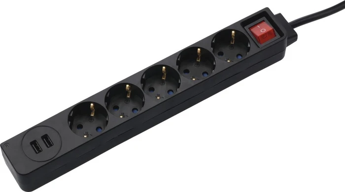 Hama Steckdosenleiste mit Schalter, 5-fach, 2x USB, 1.4m, schwarz