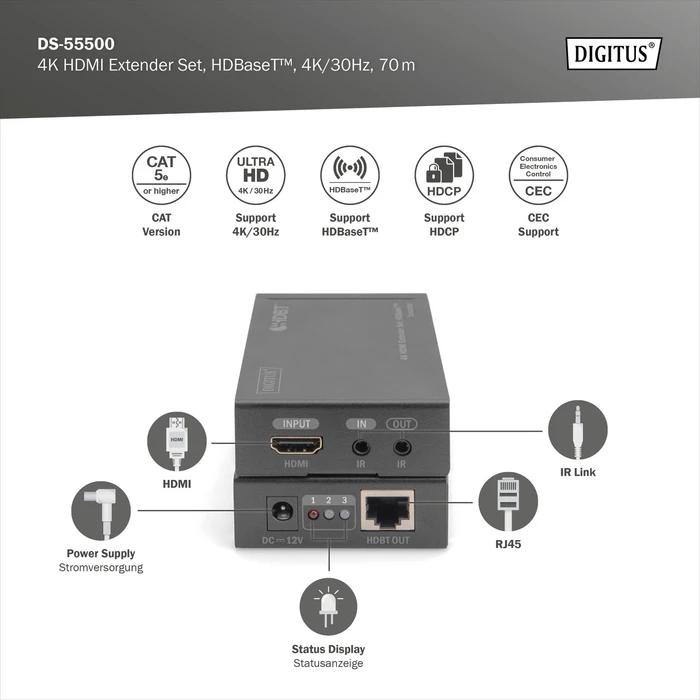 Digitus HDMI Extender Set Extender HDBaseT 1.0, 4K, 30Hz, Cat5e/6/6a/7/8, 40m