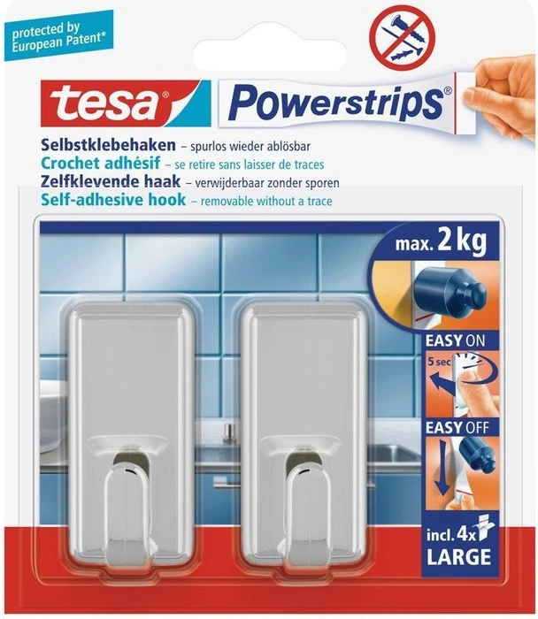 tesa Powerstrips Haken large Classic chrom, Klebehaken, 20mm/50mm, 2 Stück