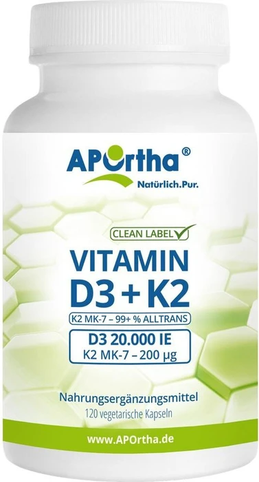 APOrtha Vitamin D3 20.000 IE + Vitamin K2 200 µg Tabletten, 120 Stück