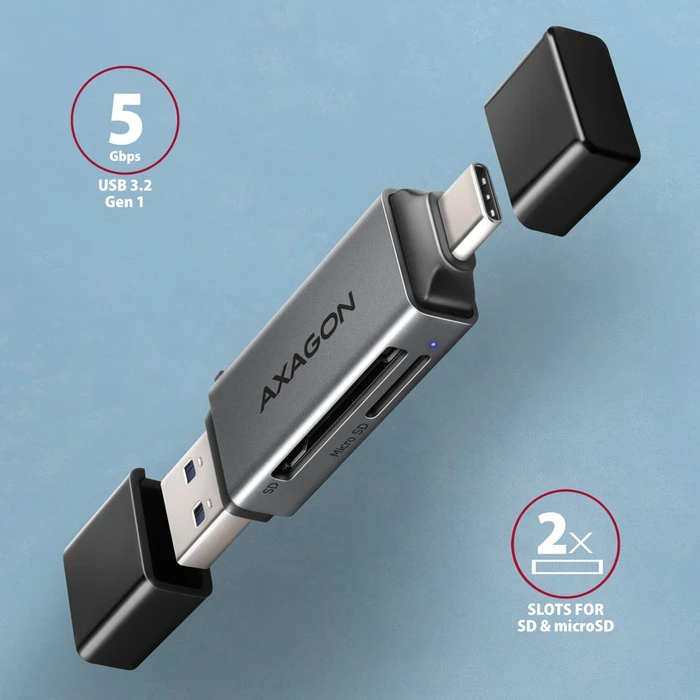Axagon Dual-Slot-Cardreader, USB-C 3.0/USB-A 3.0 [Stecker]
