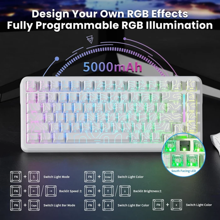 Attack Shark X82PRO HE Magnetic 75% inkl. Spiralkabel, weiß mit Kontur, LEDs RGB, Outemu White Jade Magnetic, USB/Bluetooth, US
