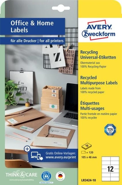 Avery-Zweckform Etiketten Recycling, 105x48mm, weiß, 10 Blatt (120 Etiketten)