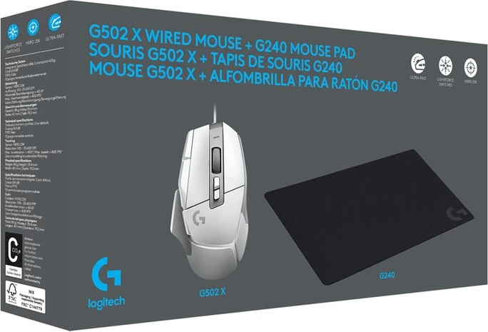 Logitech G502 X Gaming Mouse weiß + G240 Mousepad schwarz, USB