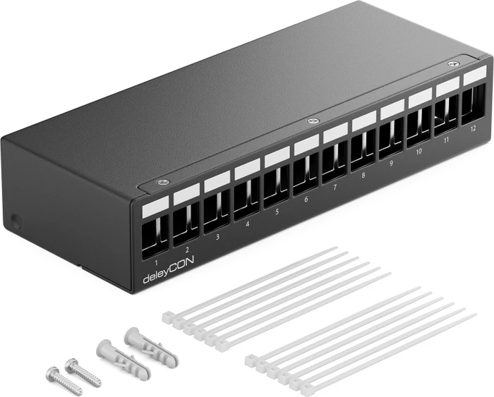 deleyCON Patchpanel Gehäuse für Keystone Module, 1HE, 12-Port, 1HE, schwarz
