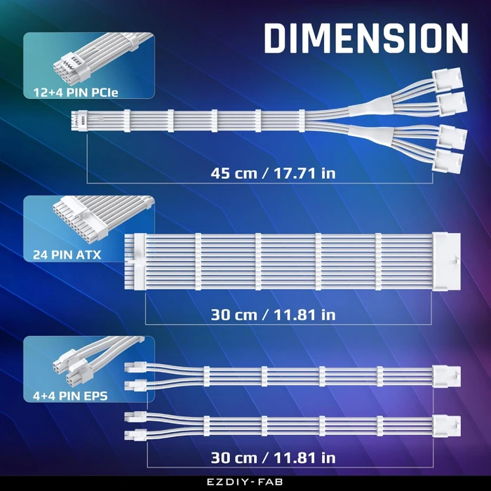 EZDIY-FAB 12VHPWR Cable Kit, 1x 24-Pin, 2x 4/8-Pin ATX, 1x 12VHPWR/4x 8-Pin PCIe, 16AWG, weiß