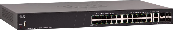 Cisco SF250 Rackmount Smart Switch, 24x RJ-45, 2x RJ-45/SFP, 185W PoE+