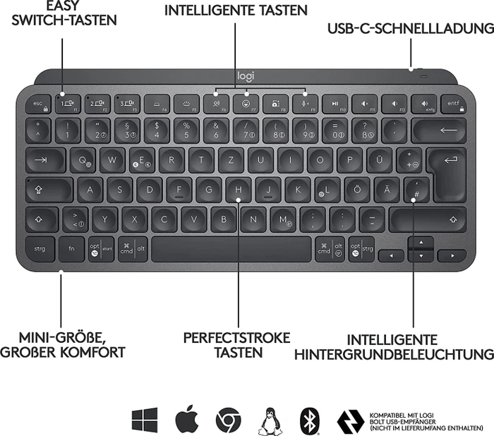 Logitech MX Keys Mini, LEDs weiß, Logi Bolt, Graphite, schwarz, USB/Bluetooth, CH