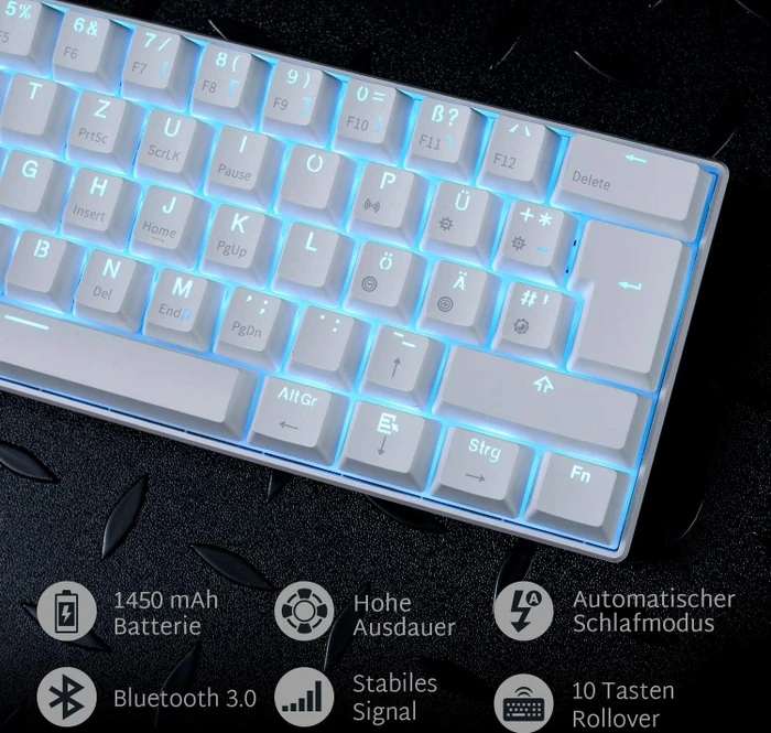 RK Royal Kludge RK61 60% Wireless, weiß, LEDs blau, Kailh BROWN, USB/Bluetooth, DE