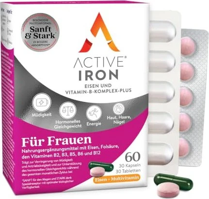 Active Iron für Frauen Eisen und Vitamin B Komplex Plus Kapseln & Tabletten, 60 Stück