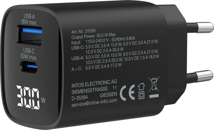 InLine 2-Port GaN Netzteil USB-C/USB-A, 1x USB-C + 1x USB-A, 30W, schwarz
