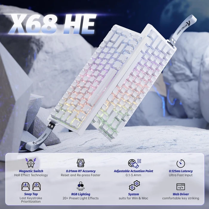 Attack Shark X68 HE Rapid Trigger Keyboard, weiß mit Kontur, LEDs RGB, Outemu White Jade Magnetic, USB, US