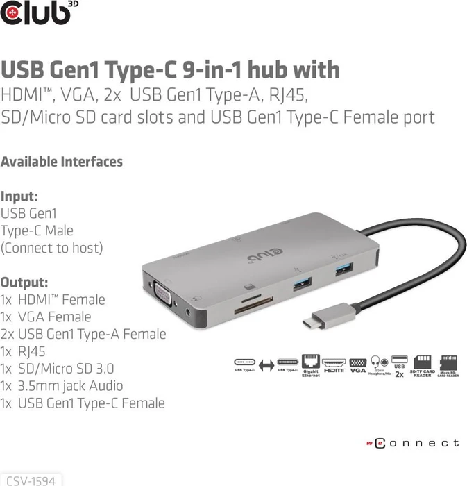 Club 3D 9-in-1 Hub, USB-C 3.0 [Stecker]
