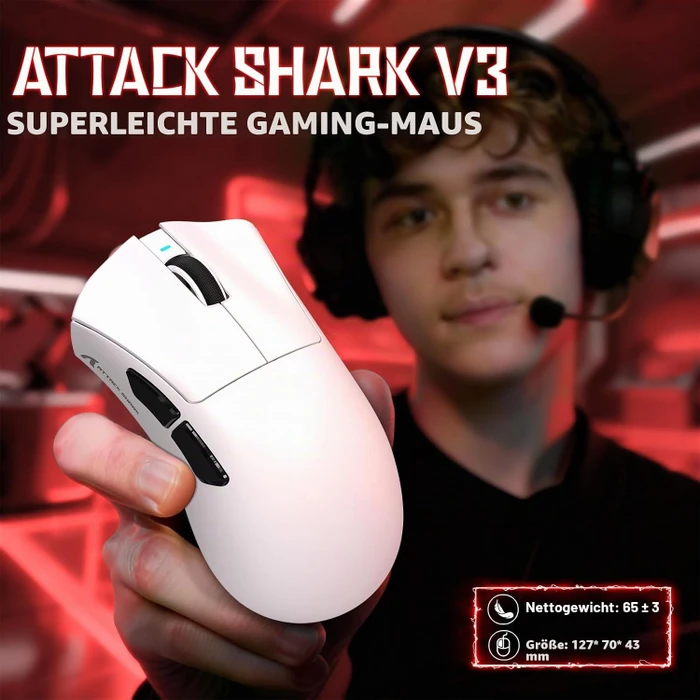 Attack Shark V3 Tri-mode Wireless Gaming Mouse, weiß, USB/Bluetooth
