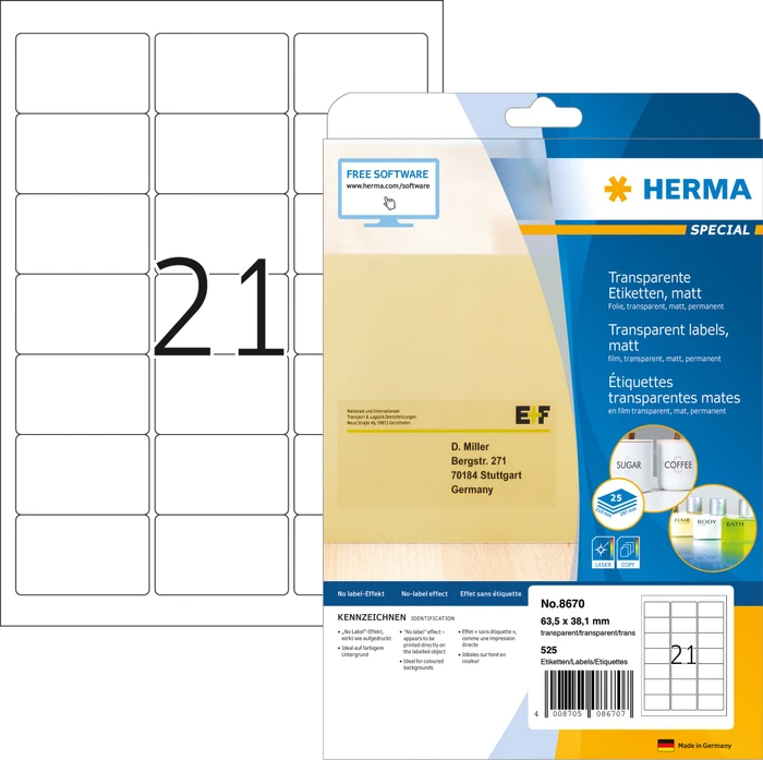 Herma Folienetiketten, 63.5x38.1mm, wetterfest, transparent, matt, 25 Blatt (525 Etiketten)