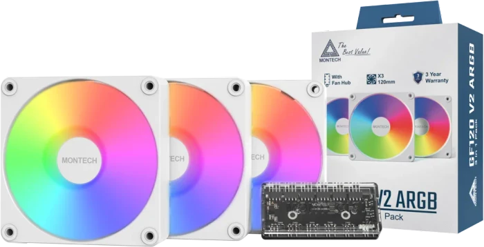 Montech GF120 V2 ARGB, weiß, Lüftersteuerung, 120mm, 3er-Pack