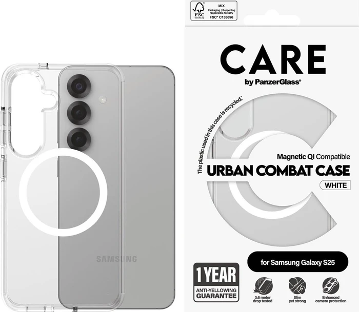 PanzerGlass Care Flagship Case Urban Combat Magnetic Qi für Samsung Galaxy S25 transparent/weiß