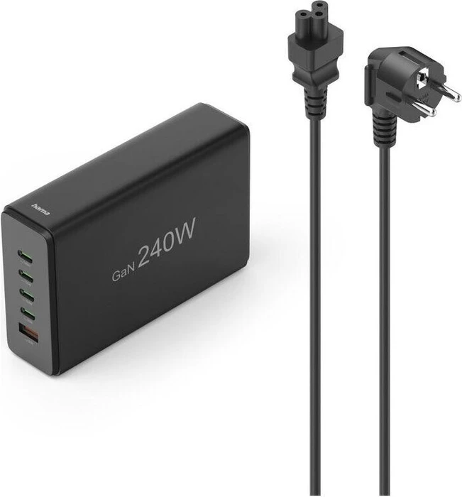 Hama USB-Ladestation 5 Ports GaN Schnellladegerät 4x USB-C 1x USB-A PD 240W schwarz