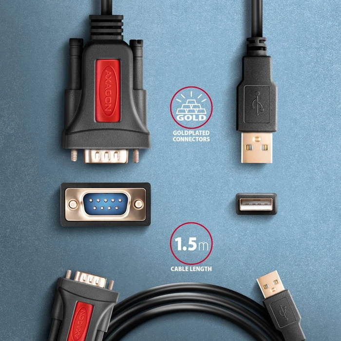 Axagon USB-A 2.0 [Stecker] auf RS-232 (seriell) [DB9 Stecker], Adapterkabel, 1.5m