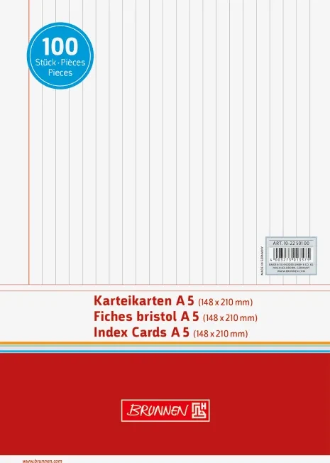 Brunnen Karteikarten, A5, liniert, weiß, 100 Blatt