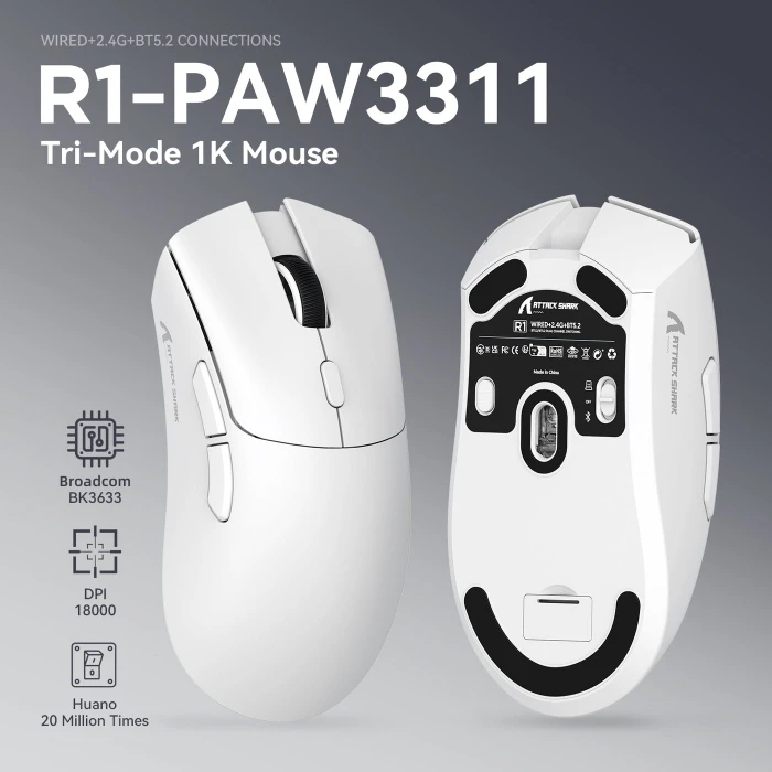Attack Shark R1 Wireless Gaming Mouse schwarz, inkl. Grip Tape, USB/Bluetooth