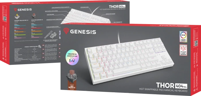Genesis Thor 404 TKL, weiß, LEDs RGB, hot-swap, Kailh Box V2 BROWN, USB, US
