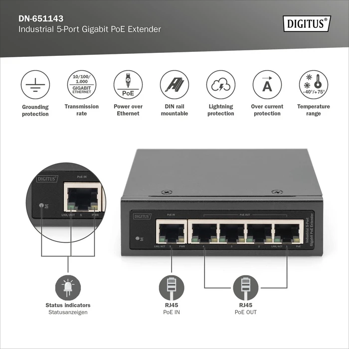 Digitus Industrial Railmount Gigabit PoE-Extender, 5x RJ-45, 60W PoE++ PD