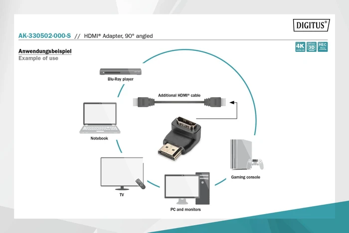 Digitus HDMI Stecker auf HDMI Buchse, 90° gewinkelt, Adapter, 4K60Hz