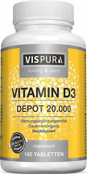 Vispura Vitamin D3 Depot 20.000 I.E. extra hochdosiert vegetarische Kapseln, 180 Stück