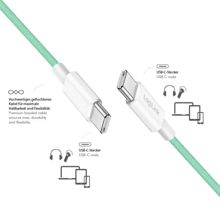 LogiLink USB-C Kabel, USB 2.0, 480Mb/s, 60W PD, USB-C Stecker auf USB-C Stecker, Nylon, grün, 1.5m