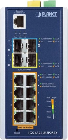 Planet IGS-6325 Industrial Railmount Gigabit Managed Switch, 8x RJ-45, 2x SFP, 360W UPoE