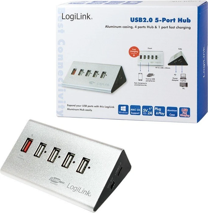 LogiLink Aluminium USB-Hub, 5x USB-A 2.0, USB 2.0 Micro-B [Buchse]