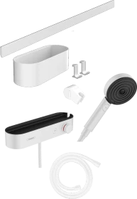 Hansgrohe WallStoris Bundle Handbrause 105 3jet Activation EcoSmart , Thermostat, Wandstange 70 cm und Accessoireset mattweiß