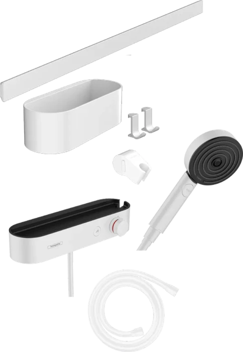 Hansgrohe WallStoris Bundle Handbrause 105 3jet Activation EcoSmart , Thermostat, Wandstange 70 cm und Accessoireset mattweiß