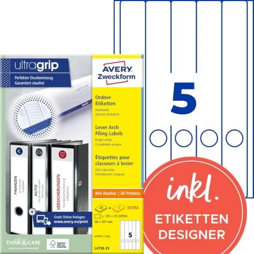 Avery-Zweckform Ordneretiketten, 38x297mm, weiß, 25 Blatt (125 Etiketten)