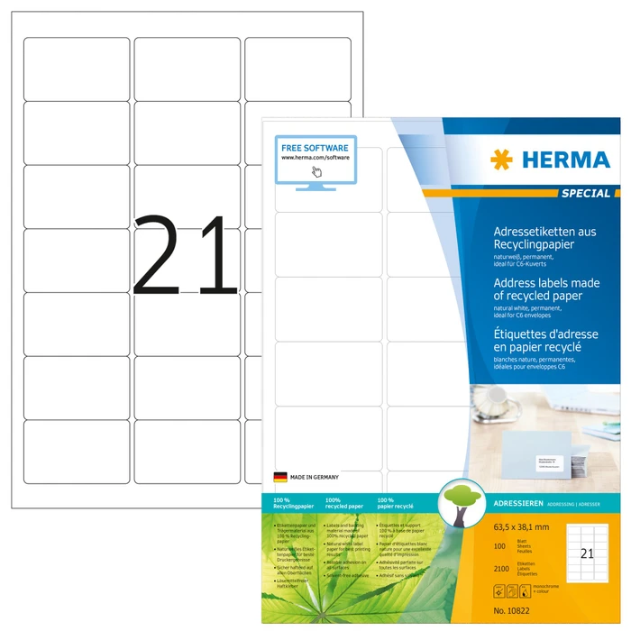 Herma Etiketten Recycling, 63.5x38.1mm, weiß, matt, 100 Blatt (2100 Etiketten)