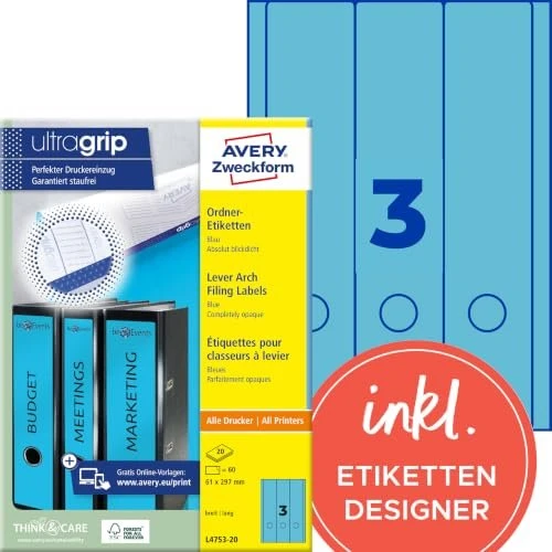 Avery-Zweckform Ordneretiketten, 61x297mm, blau, 20 Blatt (60 Etiketten)