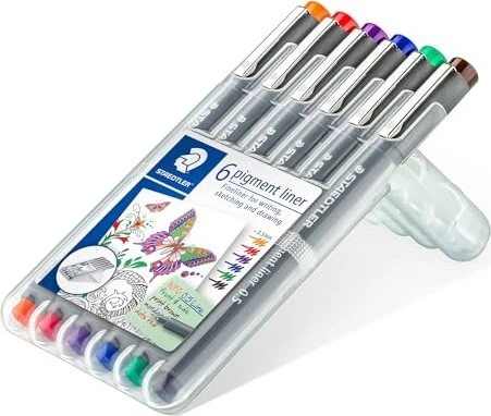 Staedtler Pigmentliner 308 0.5mm ohne gelb sortiert, 6er-Set, Kunststoffetui