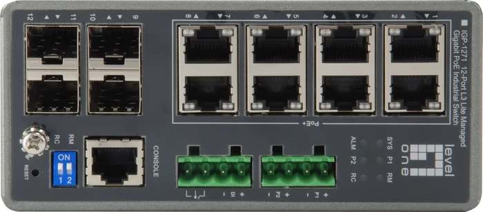LevelOne IGP-12 Turing Industrial Railmount Gigabit Managed Switch, 8x RJ-45, 4x SFP, 240W PoE+