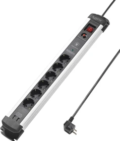 Sygonix Steckdosenleiste mit Schalter und Überspannungsschutz, 6-fach, mit 2x USB, 3m, schwarz/silber