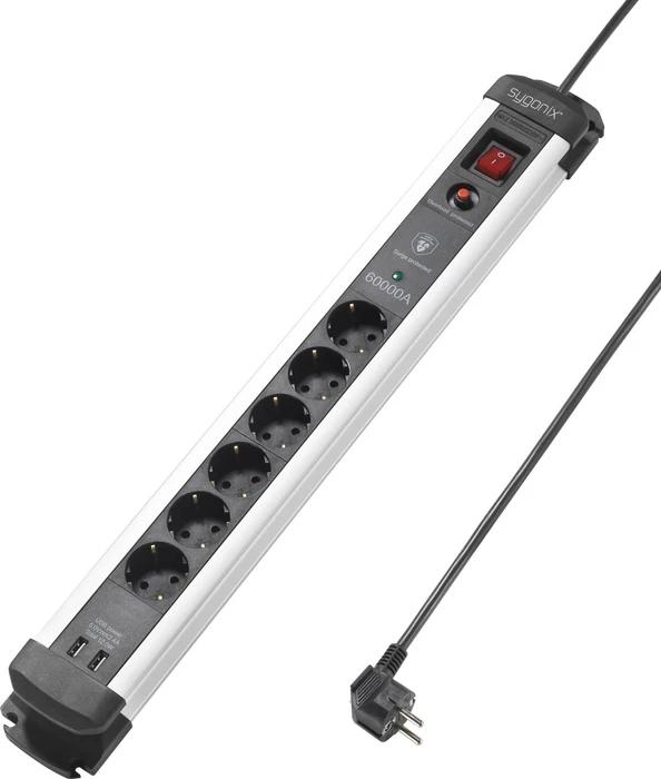 Sygonix Steckdosenleiste mit Schalter und Überspannungsschutz, 6-fach, mit 2x USB, 3m, schwarz/silber