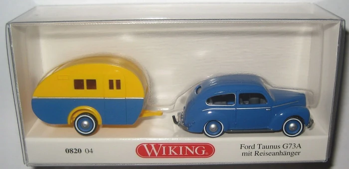 Wiking Klassik Edition Ford Taunus G73A mit Reiseanhänger blau/gelb