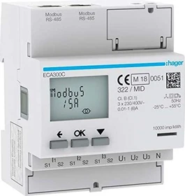 Hager Energiezähler 3phasig für Wandlerverähltnis 1A oder 5A, 4M, AGARDIO, MID