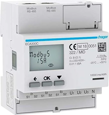 Hager Energiezähler 3phasig für Wandlerverähltnis 1A oder 5A, 4M, AGARDIO, MID