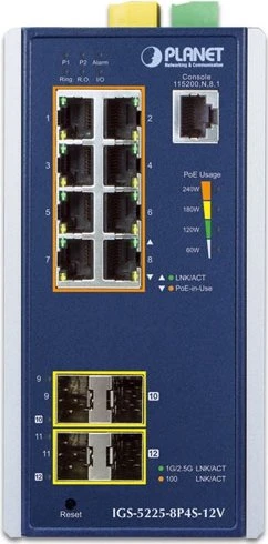 Planet IGS-5225 Industrial Railmount Gigabit Managed Switch, 8x RJ-45, 4x SFP, 240W PoE+
