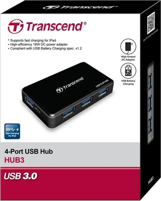 Transcend HUB3 USB-Hub, 4x USB-A 3.0, USB 3.0 Micro-B [Buchse]