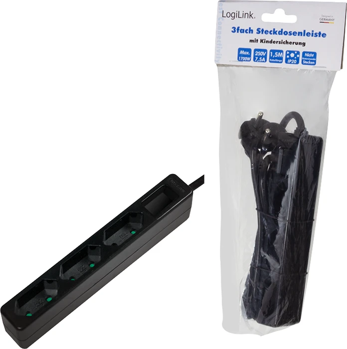 LogiLink Steckdosenleiste, 3-fach, Euro schmal, 1.5m, schwarz