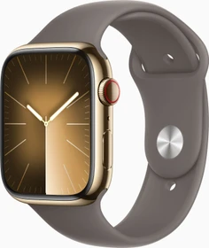 Apple Watch Series 9 (GPS + Cellular) 45mm Edelstahl gold mit Sportarmband S/M tonbraun